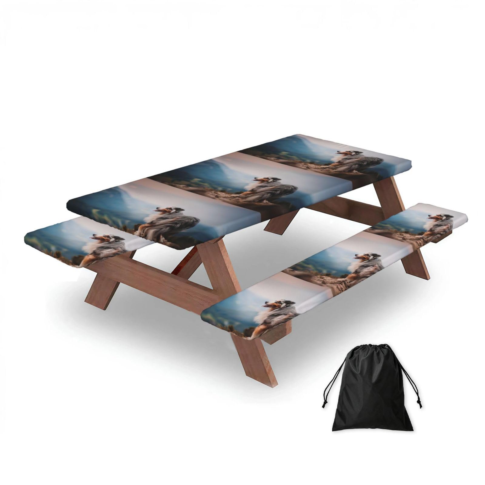Dopklna As Picture Australian Shepherd Mountains Aussie Pets Dogs, Picnic Table Cover With Bench Covers -Waterproof Elastic Fitted Tablecloth For Garden Camping Patio 76X152cm