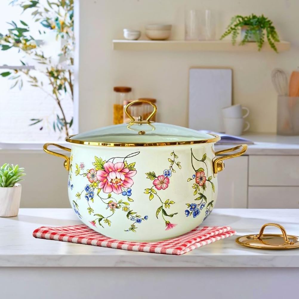 Enamel Simmer Pot with Glass Lid, Nonstick Saucepan Pot with Handle, Vintage Floral Stainless Steel Stockpot Cooking Pots for Induction Cookers and Stove,6 Quarts