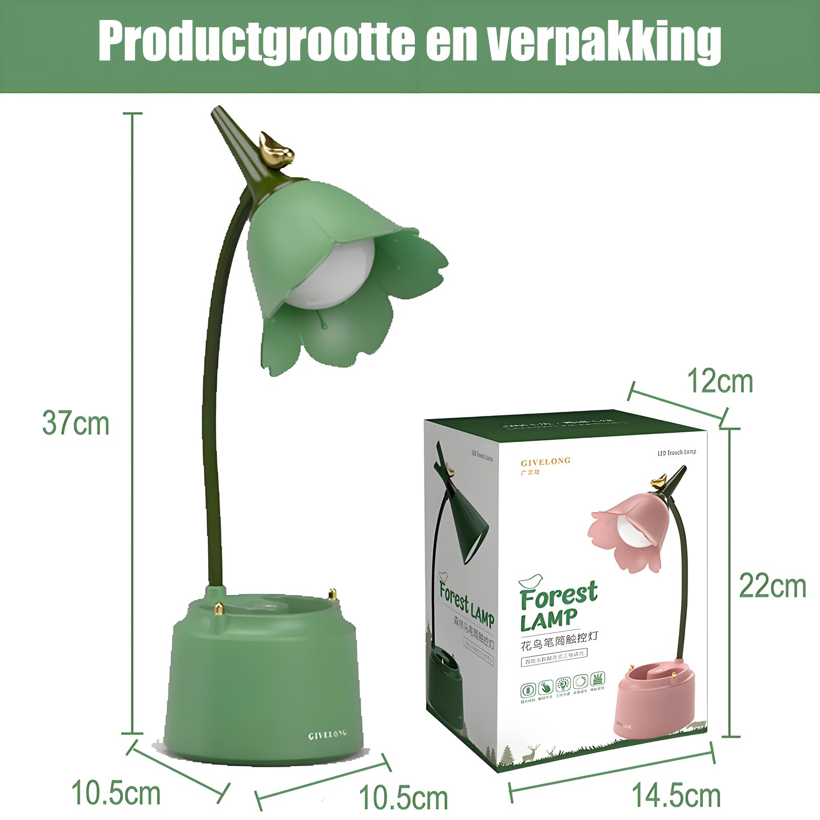 Kawaii LED Bureaulamp – Bloem En Vogels, USB Oplaadbaar, 3 Kleurmodi, Dimbaar, Flexibele Zwanenhals