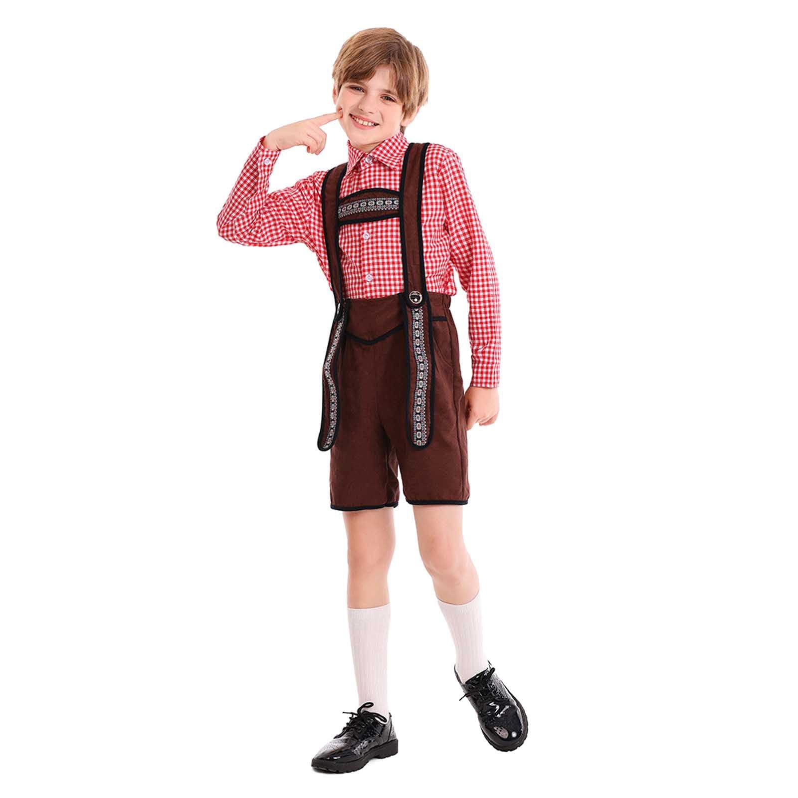 Generisch 2 Teilig Trachtenset Kinder Oktoberfest Kostüm Set, Kariert Trachtenhemd Jungen, mit Lederhosen Kinder, Kleidung Bayerlsches für Oktoberfest, Volksfest