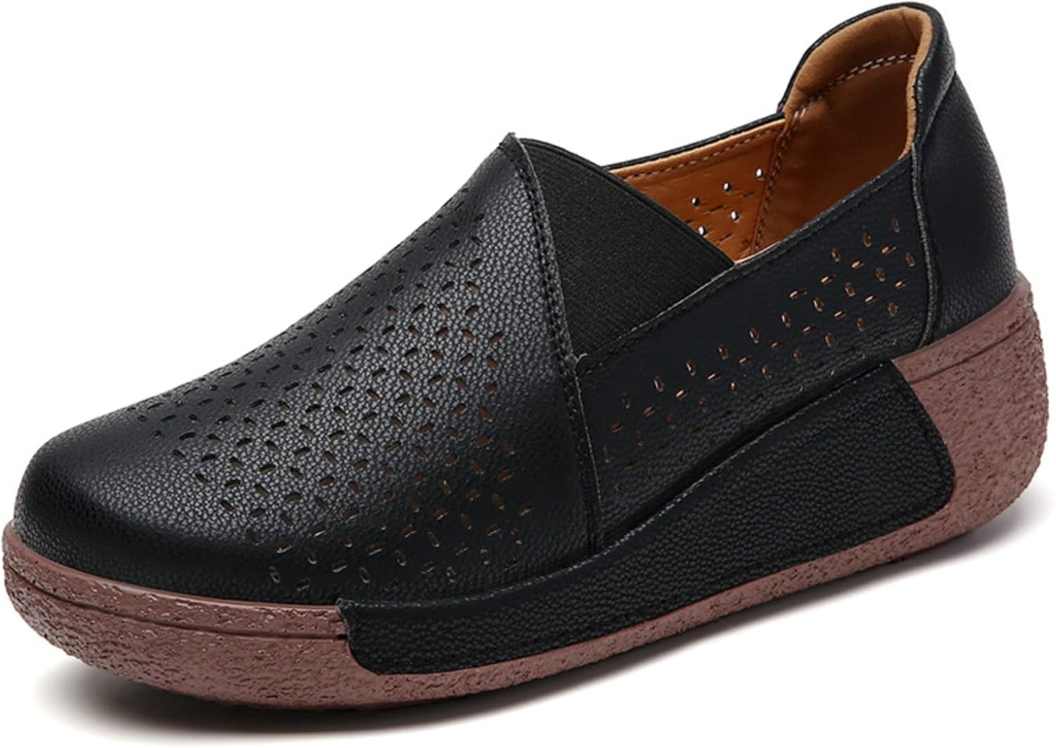 Women's Round Toe Platform Wedge Slip On Loafers, Comfortable Genuine Leather Moccasin Low Top Casual Cutout Loafers.