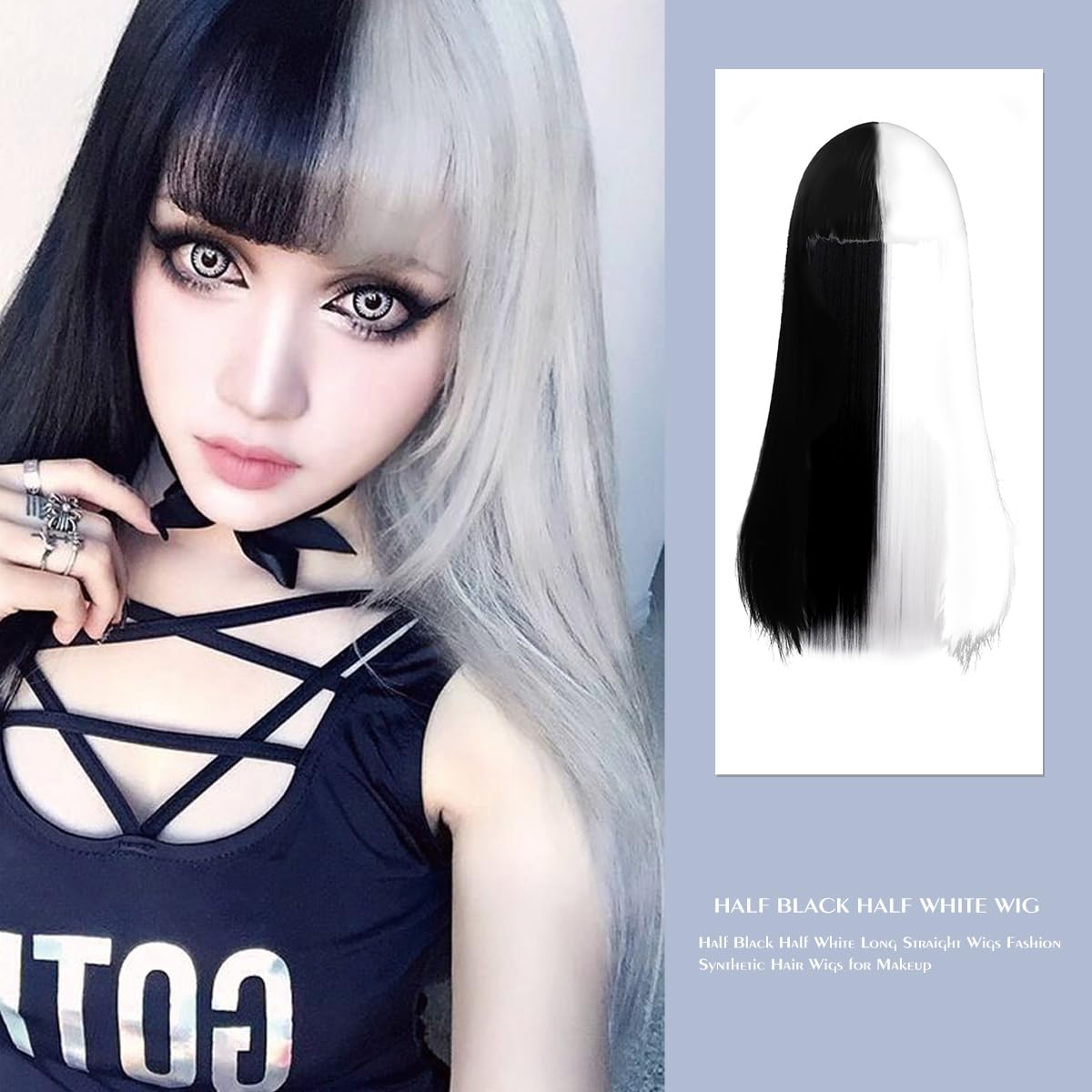 Color Matching High Temperature Silk Wig Headgear Prom High Temperature Wire Women's, Black White, 65cm - Image 2