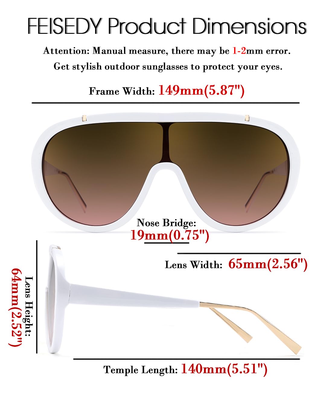 Gafas de sol para mujer, de gran tamaño, marco de una pieza, UV400, gafas de sol de moda, retro, sombras B2580, Blanco 5