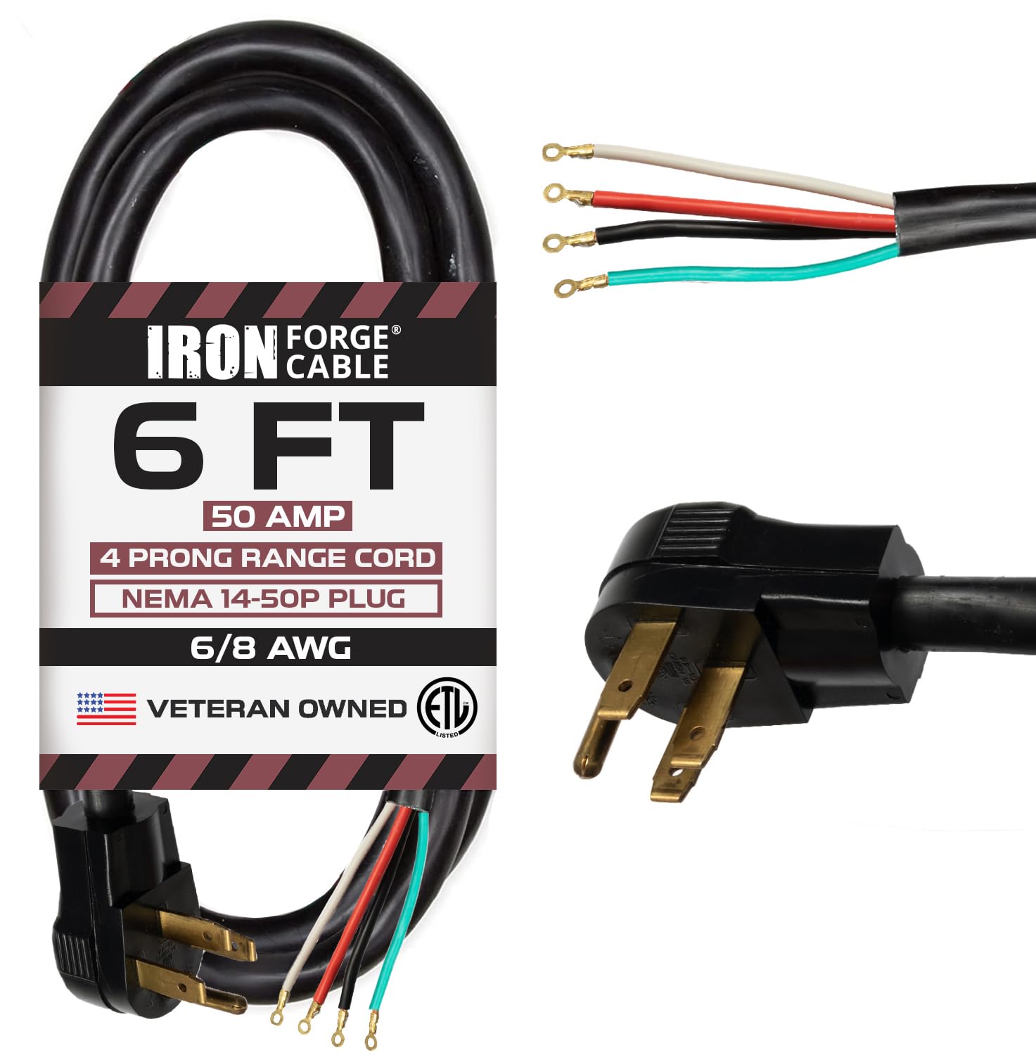 Iron Forge Cable 4 Prong Black Range Power Cord 6 ft - 50 Amp RV Extension Cord - Heavy Duty 6/8 AWG - NEMA 14-50P Flat Plug 4 Wire EV Cord