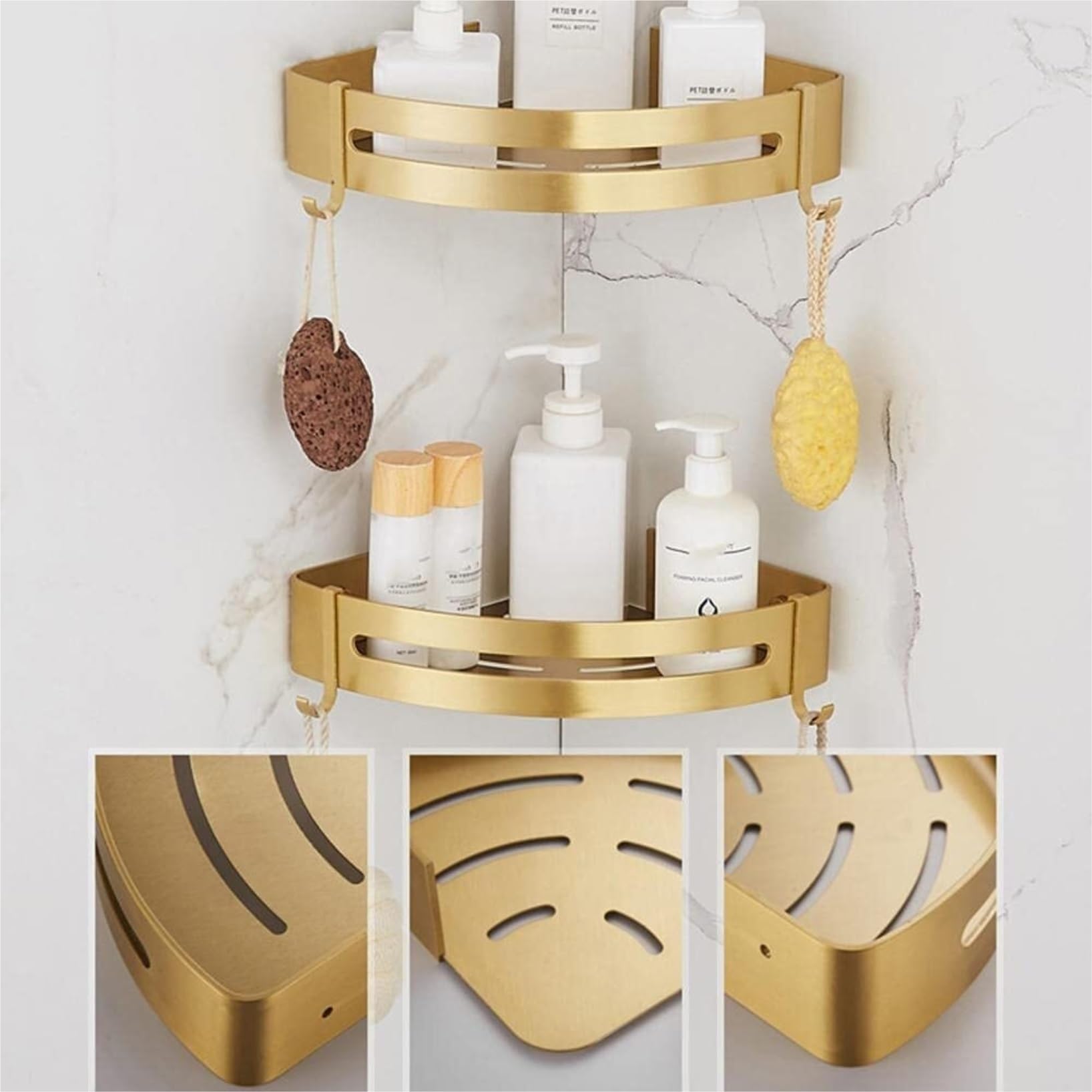 Mensola Bagno Mensole Doccia A Parete con Cestello Senza Foratura in Alluminio Scaffale Doccia(Gold1,2pcs)