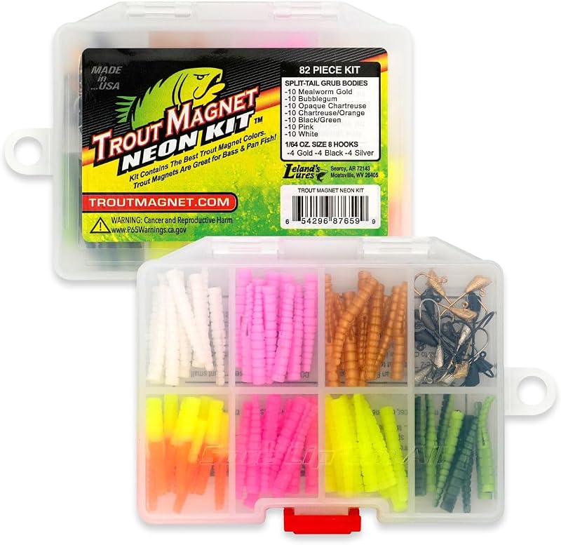 Kit de equipo de pesca de neón con imán para trucha, 82 piezas, incluye 70 cuerpos de larva, cebo para trucha y 12 anzuelos de tamaño 8