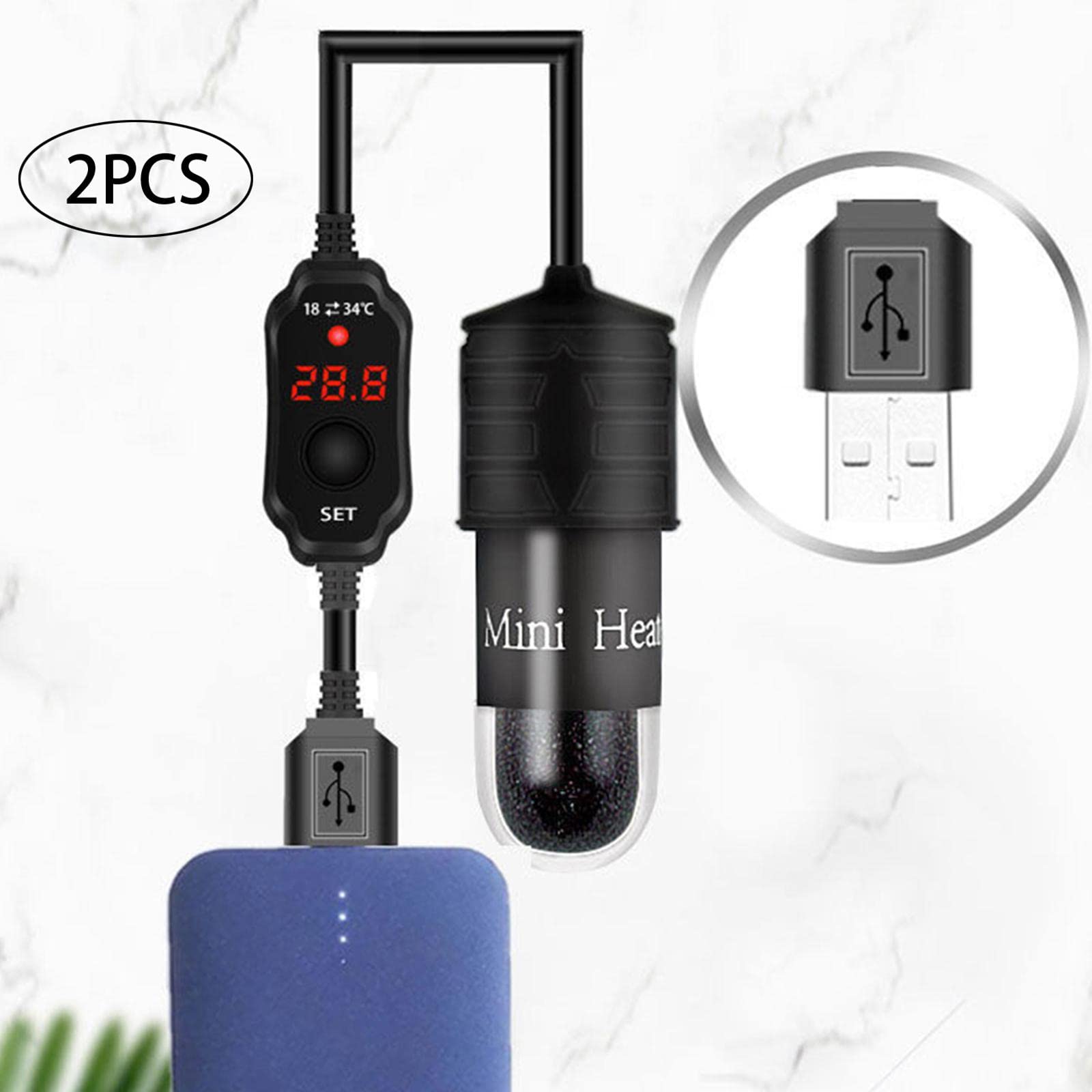 Milageto 2X Calentador de Acuario Varilla de Termostato Sumergible Mini USB Control de Temperatura Ajustable Protección de Nichrome Adecuado para Peceras Mini