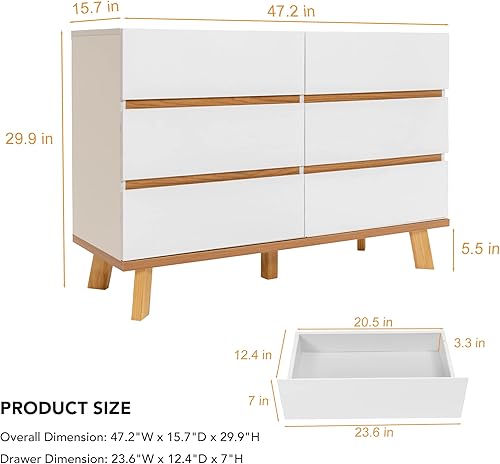 Miniatura 2 de DHMAKER Cómoda de 6 cajones, cómoda doble moderna blanca, cómoda ancha, armario de almacenamiento de madera para dormitorio, entrada, sala de estar,