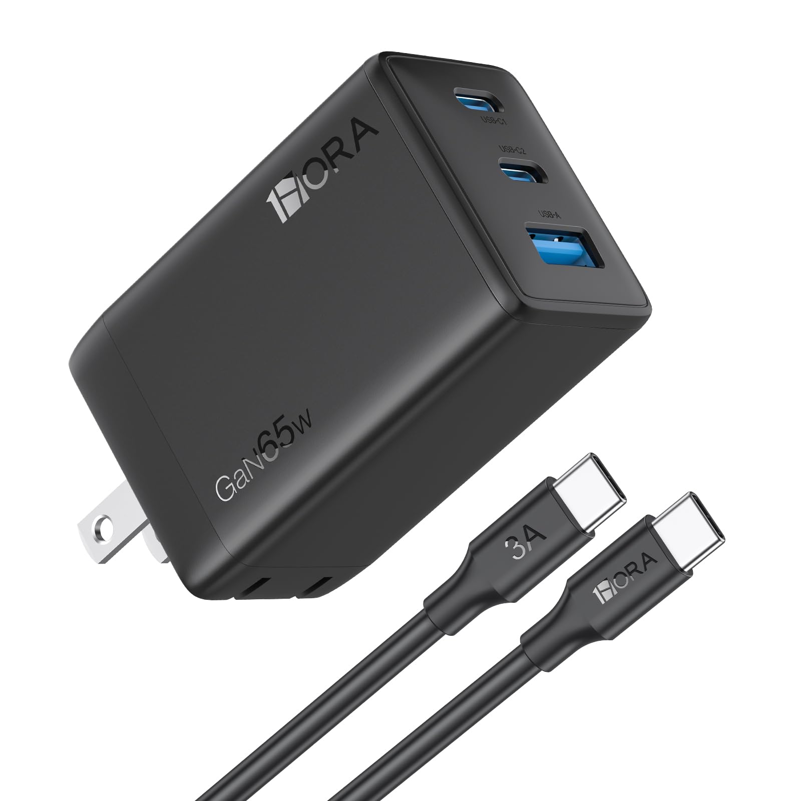 1 Hora 65W Cargador Tipo C Gan de 3 Puertos con Cable Usb C 1.5m