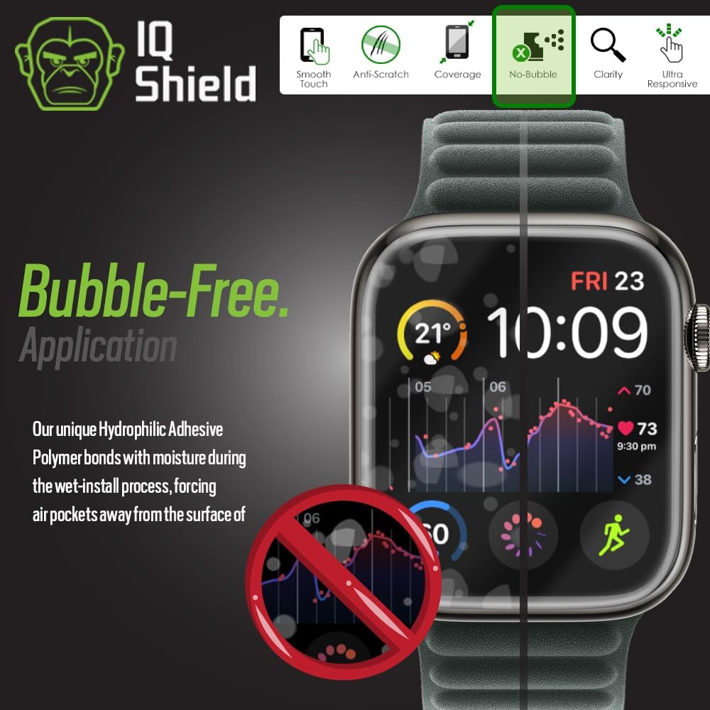 IQShield Lot de 6 films protecteurs d'écran en TPU transparent anti-bulles pour Apple Watch Series 9/8/7 (45 mm)