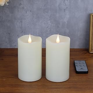 Flameless Candles with Remote Timers, 3D Moving Flickering Flame Battery Operated Candles Lasting 1000+ Hours, 3" x 5" Ivory Real Wax Electric LED Pillar Candles, Set of 2