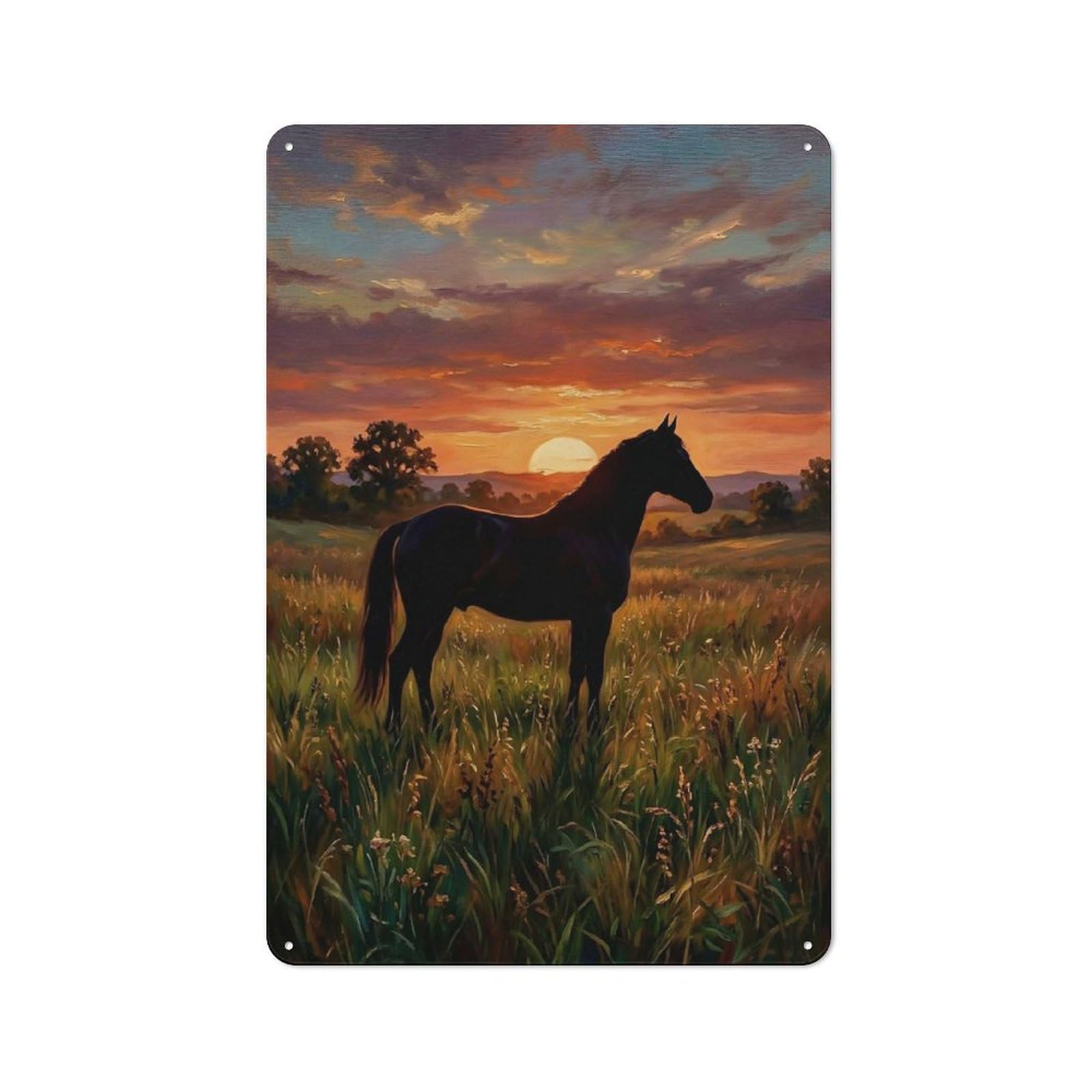 Junmoney Style-12 Retro Retro Metal Sign 30X20cm Featuring Horse At Sunset In Field, Garage Wall Decor For Garage, Hobby Room, Office Or Man Cave