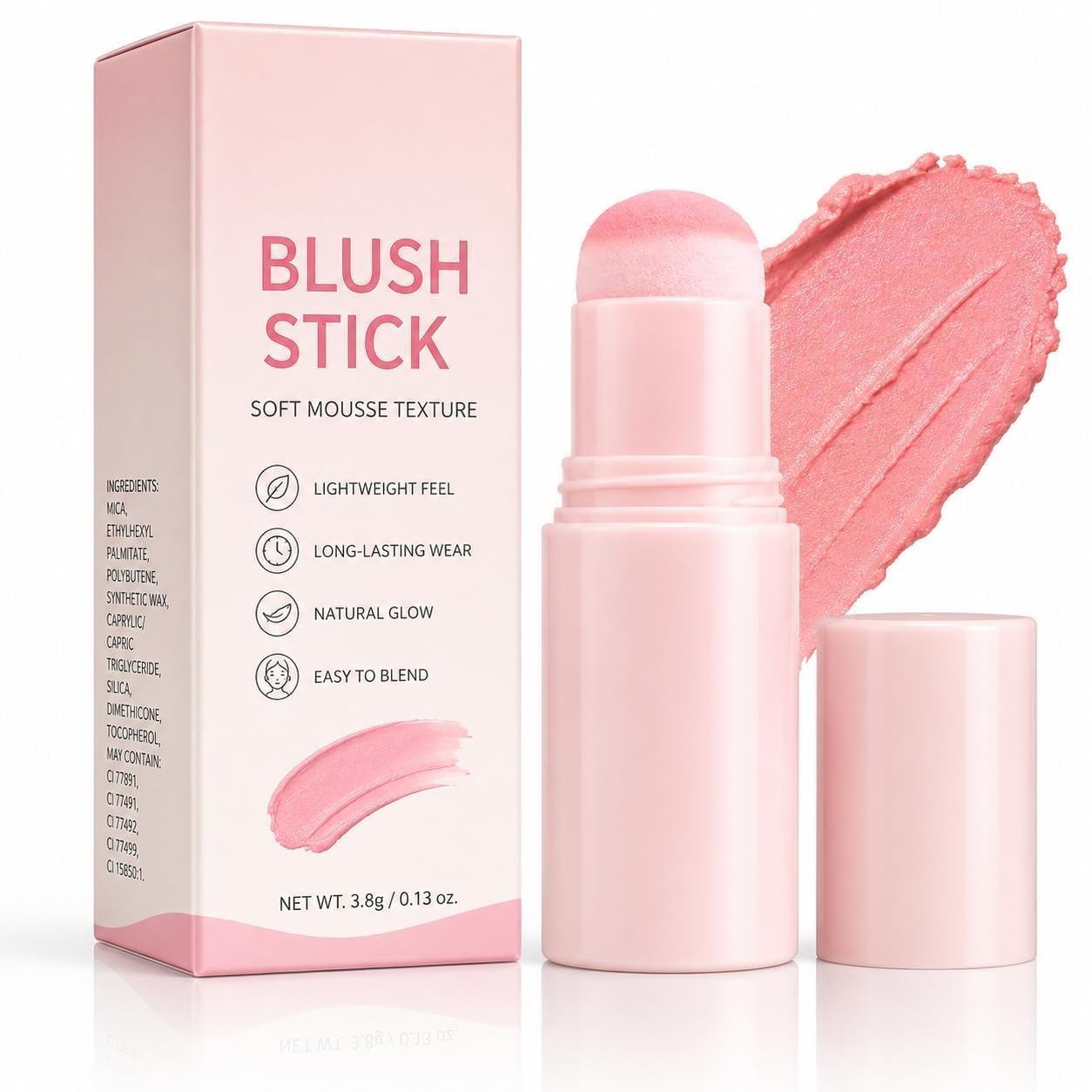 blush stick 3.8g – cream blush stick with air cushion applicator, soft mousse texture, long lasting natural cheek tint, blendable face blush makeup for women - pink