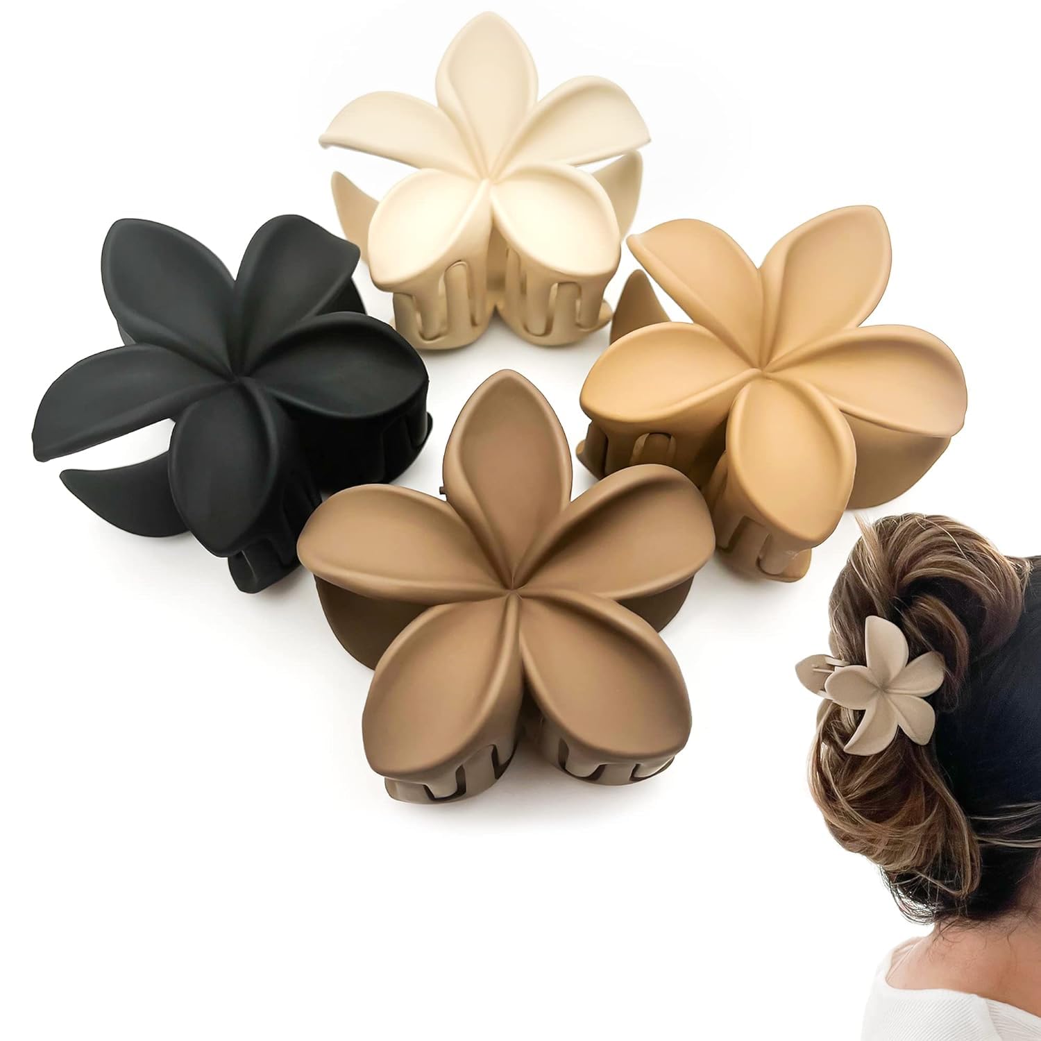 4pc Nonslip Matte Flower Hair Clips for Women Thick/Thin Hair Accessories for Women Neutral Flower Cute Claw Clips Variety Pack Plumeria Hair Clip