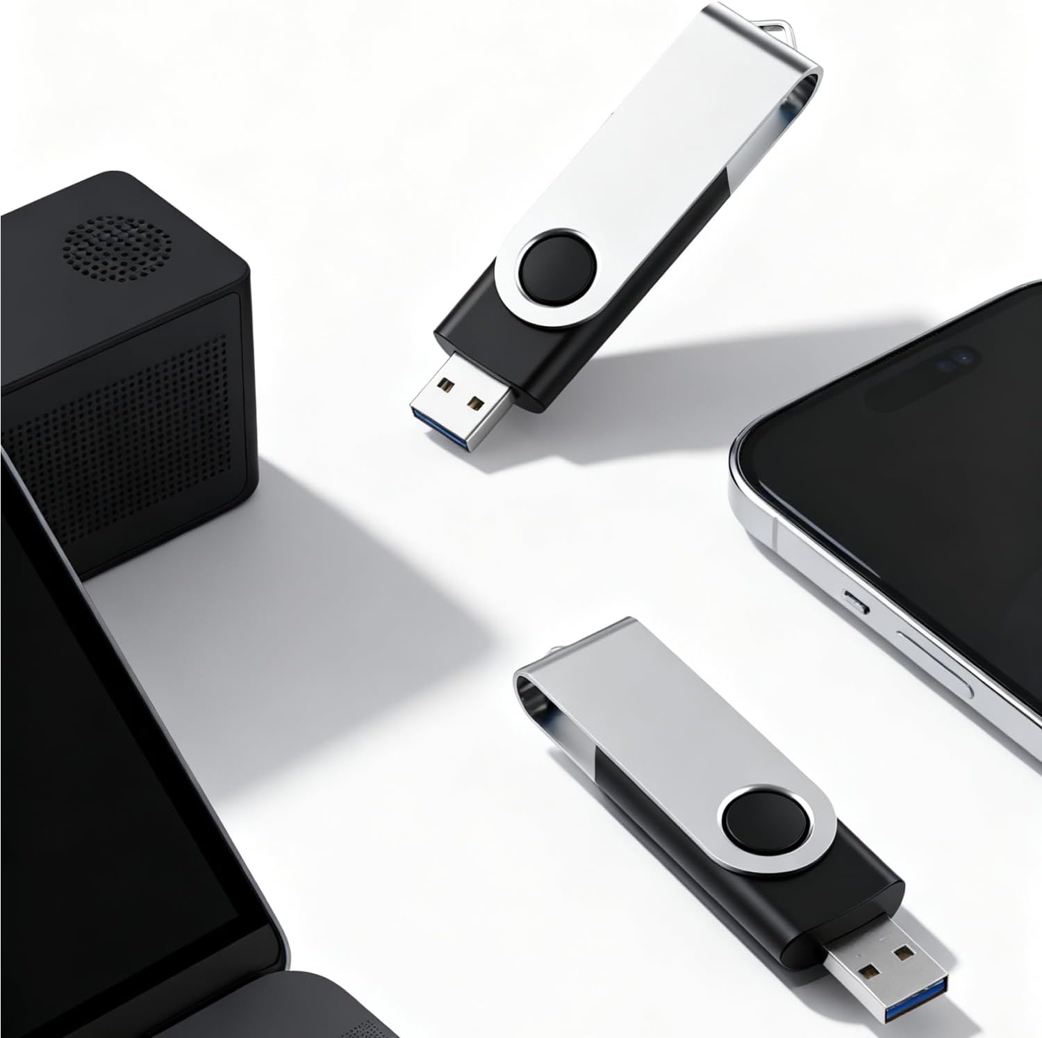 3 Pack 64GB USB Flash Drive with Type C Adapter and Storage Box USB 2.0 High Speed Metal Pen Drive 360° Rotatable Storage Memory Stick for Phone/Pad/PC/Laptop/Android - Black(3-Pack 64GB)