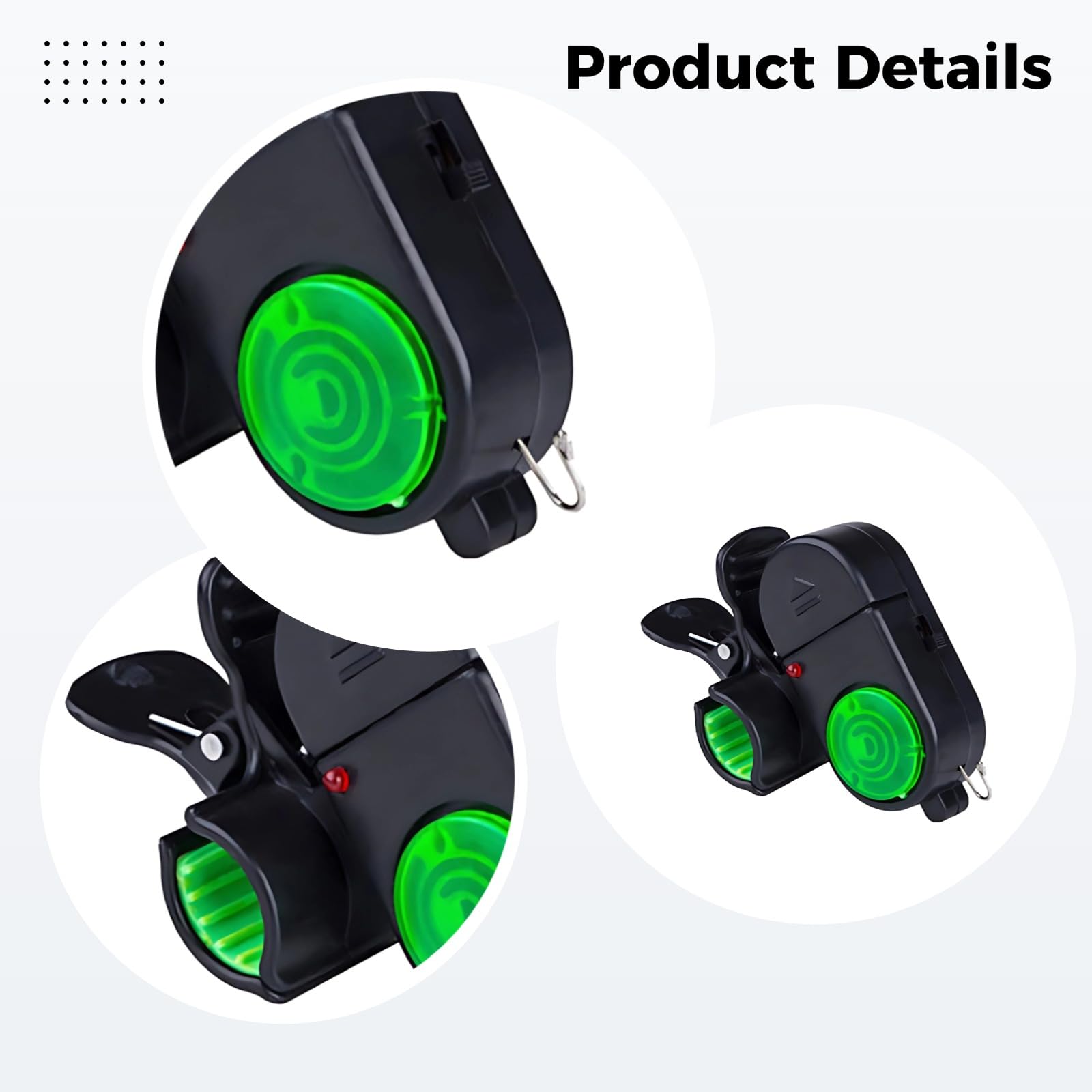 4 szt. alarm o ugryzieniu ryb, bardzo czuły LED Clip-On alarm wędki, elektroniczny alarm 80 dB z obrotową głowicą, antypoślizgowa podkładka silikonowa i bezpieczne trzymanie