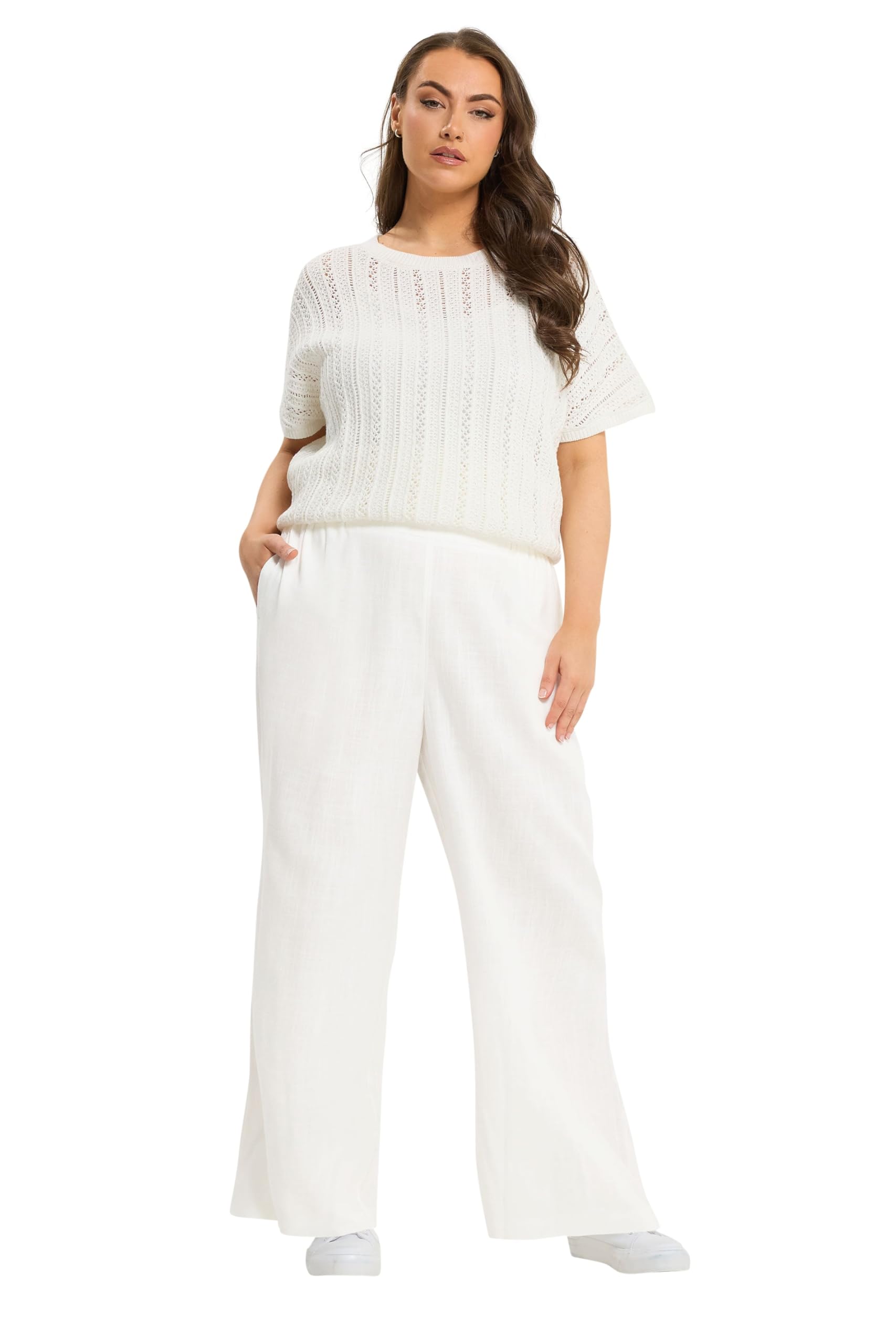 Yours Women's White Curve Linen Wide Leg Trousers - Plus Size Curve