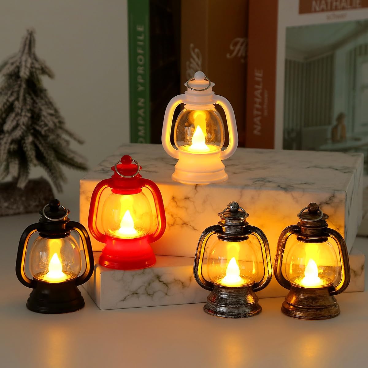 12 Pcs Mini Lanterns Decorative with LED Candle for Western Cowboy Xmas Home Decor Small Hanging Lantern Ornaments Camping Table Centerpiece Vintage Lantern Ornament