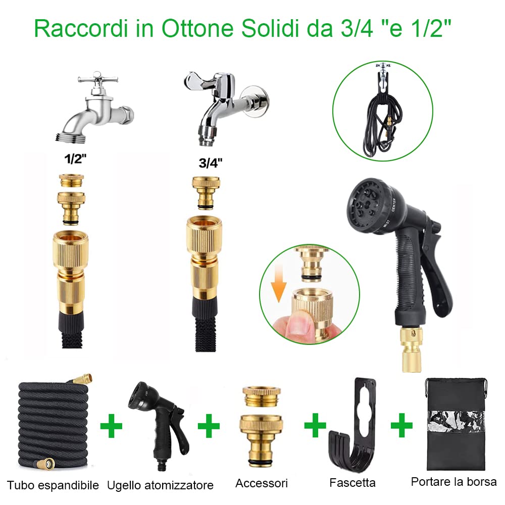 Tubo da giardino estensibile da 30M (10M*3), ugello a spruzzo a 8 funzioni, tubo interno con anima in lattice migliorata Adatto per rubinetti da 1/2" e 3/4", gancio e borsa per il trasporto