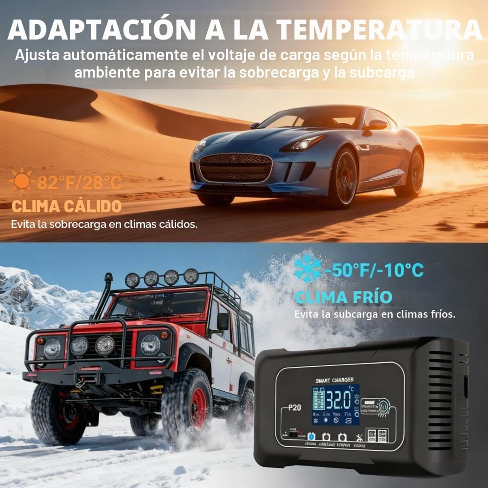 Cargador y mantenedor de batería Inteligente de 12V/24V y 20A, P20 4 Modos de Carga de Litio/AGM/Plomo-ácido/LiFePO4,con Pantalla LCD y función de reparación por pulsos,para automóviles,Motocicletas