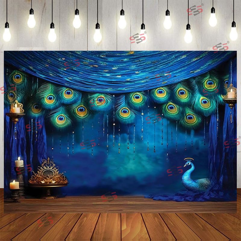 Image of S2S Peacock Backdrop Cloth for Pooja Decoration Traditional, Background Decoration Cloth | Curtain Cloth for All Festival, Functions & Ceremonies - (5 x 8 Feet) (Peacock Blue)