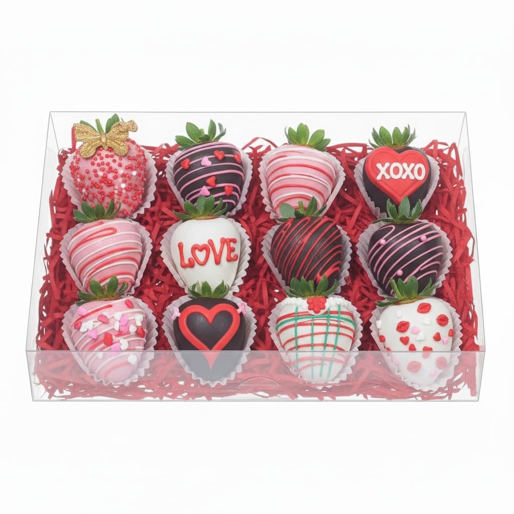 RomanticBaking 40 scatole trasparenti per fragole ricoperte di cioccolato, 25 x 18 x 5 cm, per 12 scatole per torte, biscotti, cioccolatini, tartufi, macaron, per Natale, San Valentino, festa della