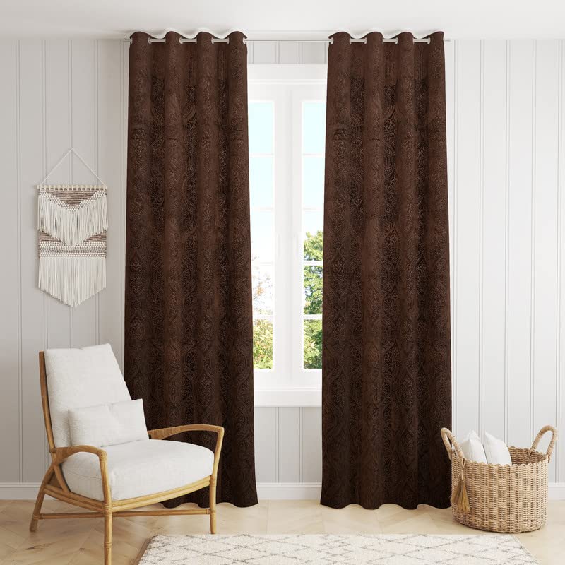Image of Suede Velvet Embossed Room Darkening Door Curtain for Living Room, Bedroom, Hallway, 8 feet Long, Brown, Set of 1