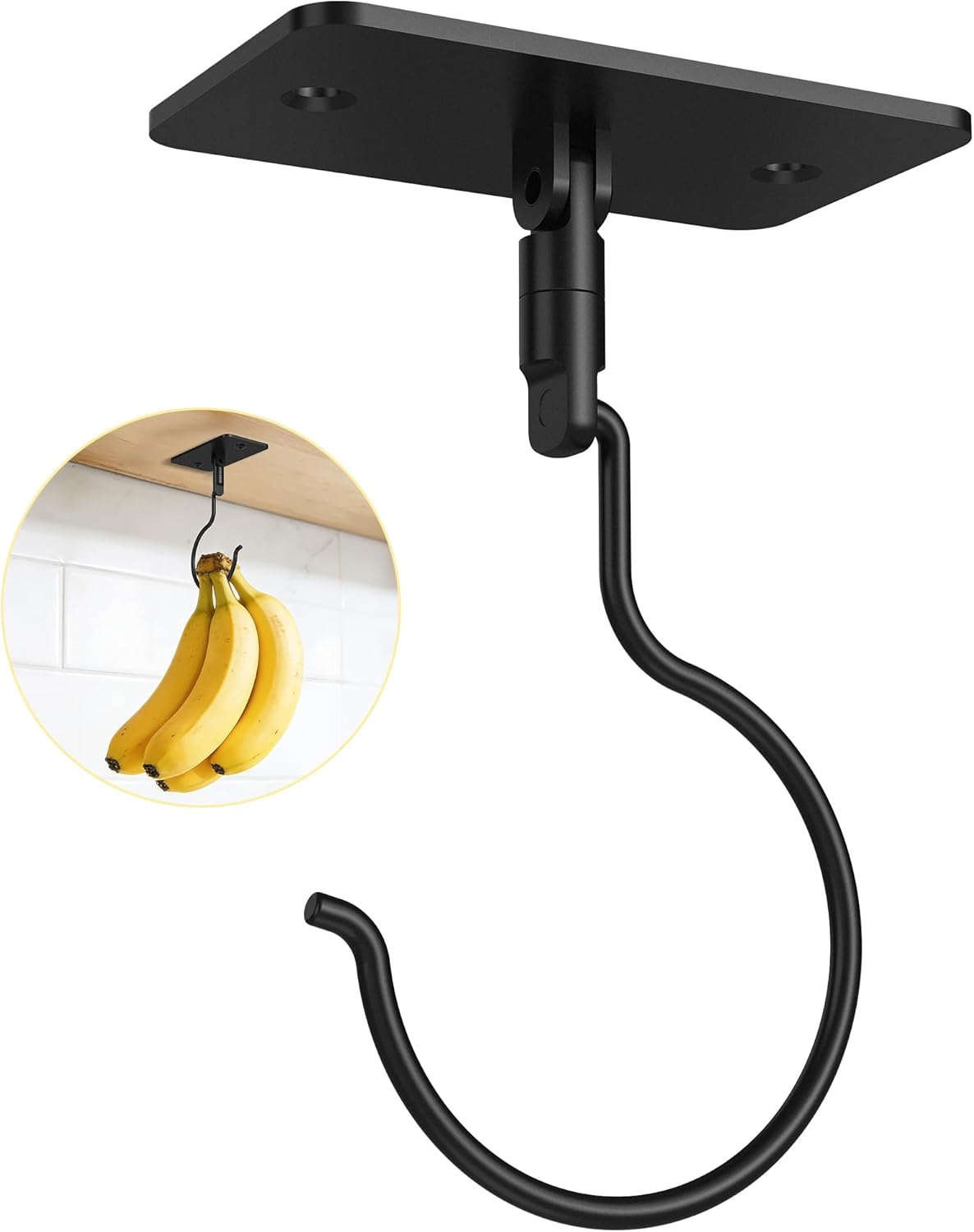 Banana Hook, 360° Rotatable Metal Banana Hanger Under Cabinet, 2 Installation Options Adhesive and Drill, Magnetic Foldable, Black, 1 Pcs