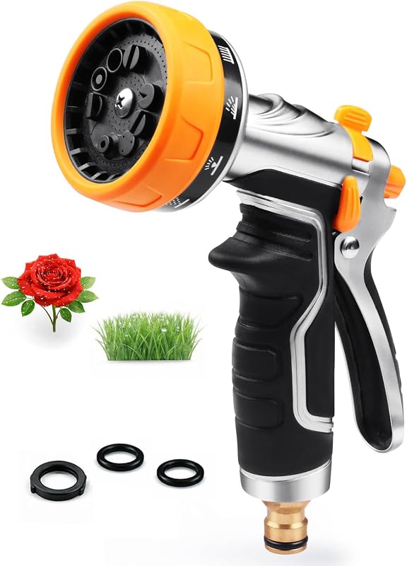 Onarway Garden Hose Spray Gun: Heavy Duty Metal Nozzle with Solid Brass Fittings for Leak-Proof Seal - 10 Patterns & Thumb Control for Continuous, Fatigue-Free Watering of 100+ Potted Plants & Lawns