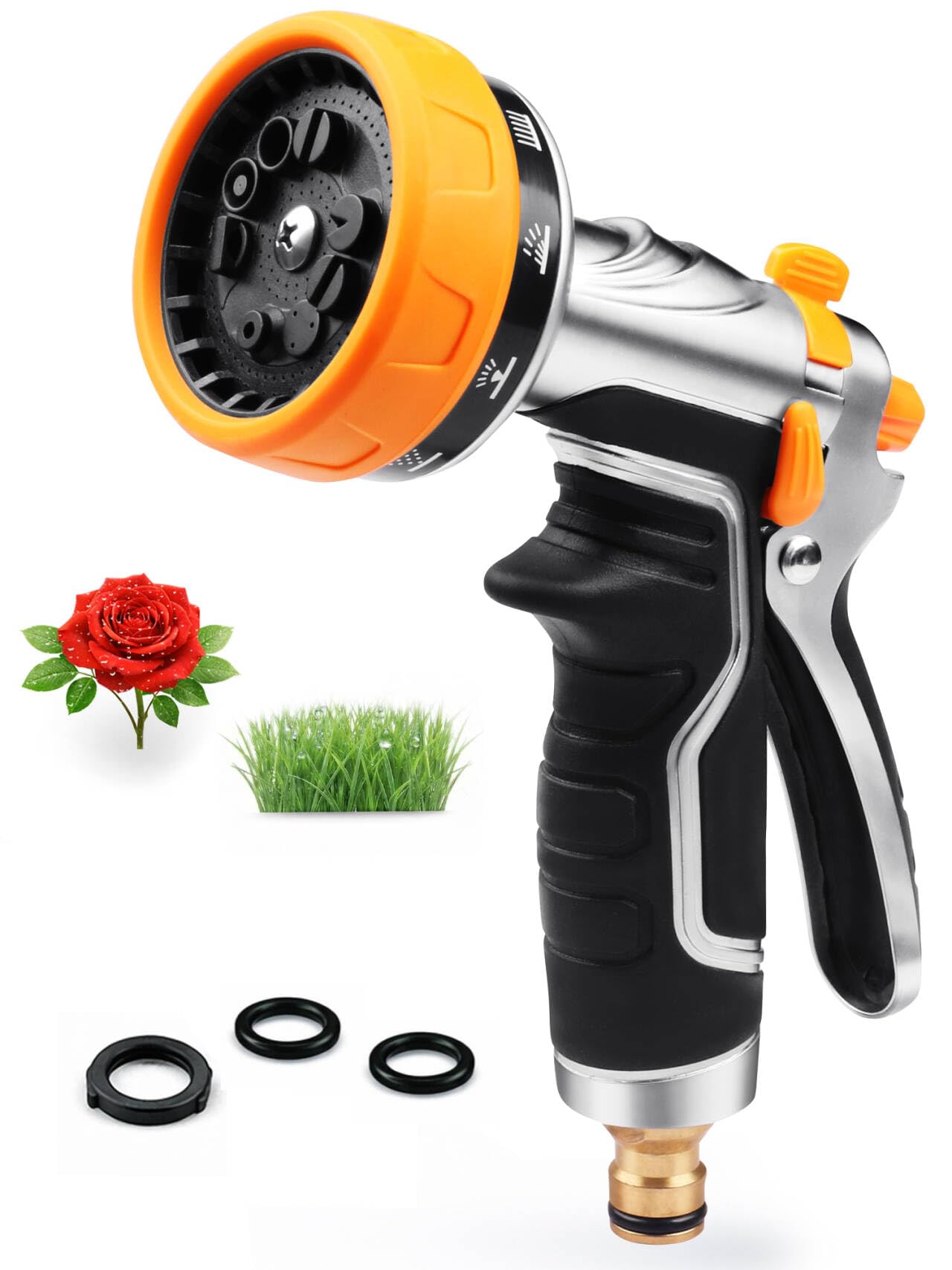 Onarway Garden Hose Spray Gun: Heavy Duty Metal Nozzle with Solid Brass Fittings for Leak-Proof Seal - 10 Patterns & Thumb Control for Continuous, Fatigue-Free Watering of 100+ Potted Plants & Lawns - 2