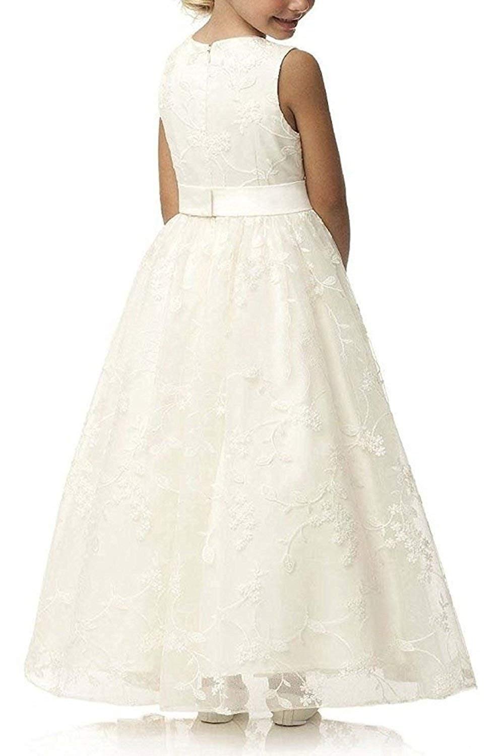 Aibaowedding Elegancka długa dziecięca sukienka komunijna, letnia sukienka z haftowanego tiulu z satynowym paskiem/styl boho, linia A, sukienka dla druhny, sukienka dla dziewczynek w wieku 2-12 lat