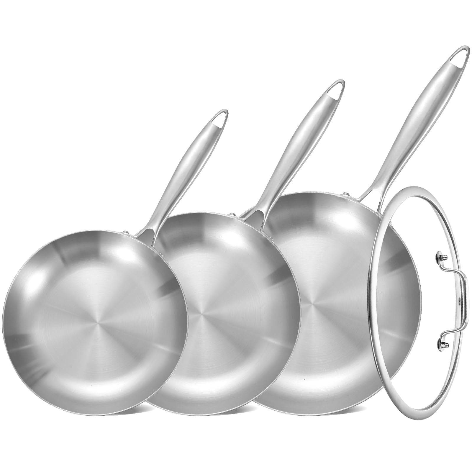 Inqibee 8.5-10-12 Inch Tri-Ply Stainless Steel Frying Pan Set with a Lid