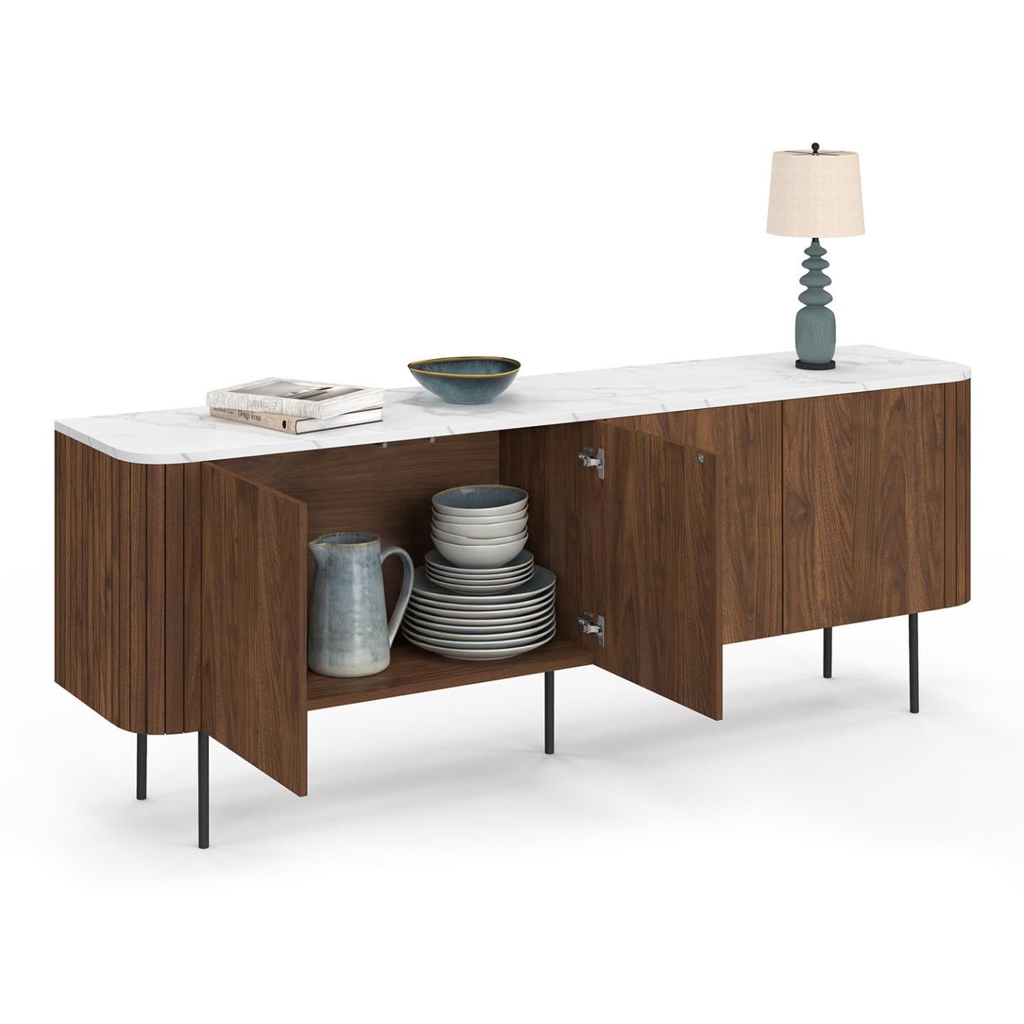 IDMarket - Buffet Bas 160 cm Marla 4 Portes Effet Noyer et Lattes et Plateau marbre Blanc Alaska