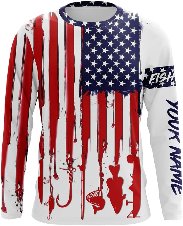 Custom Fishing Shirts for Men Long Sleeve, Fishing Shirts for Men, Us Fishing Fish Hook American Flag UV