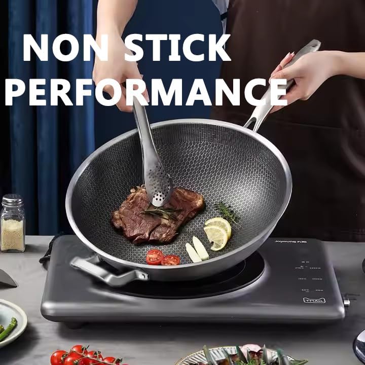 Wok Pan,Hybrid Nonstick 14 Inch Wok with Lid,Induction Non Stick Stainless Steel Large Deep Woks&Stir-Fry Pans,Stay-Cool Handle Skillets,PFOA Free Cookware - Thumbnail 2
