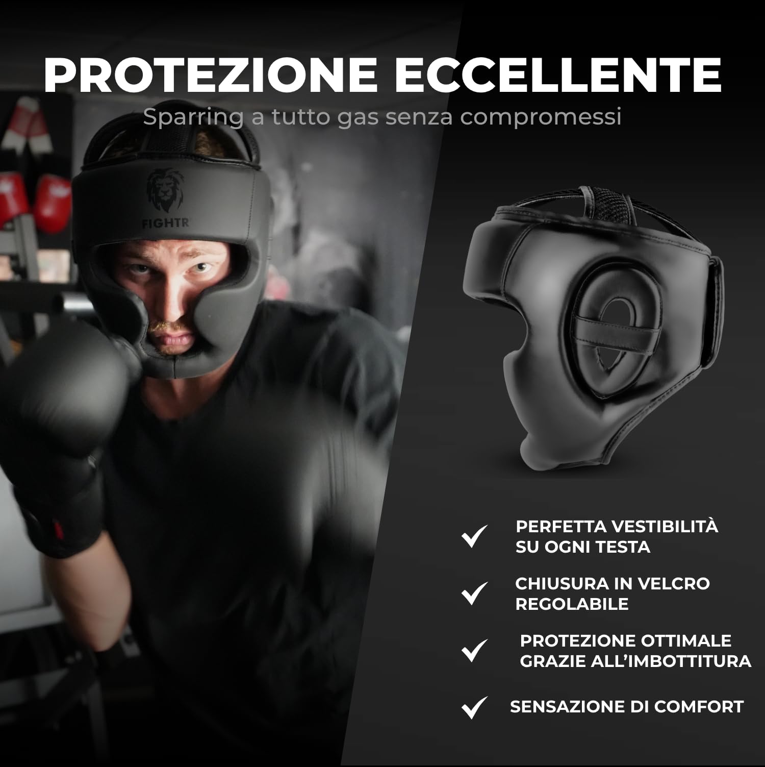 FIGHTR® Casco da boxe per sparring | Misura regolabile per boxe, MMA, Muay Thai, kickboxing e arti marziali |Protezione della testa con ottima vestibilità per la massima protezione
