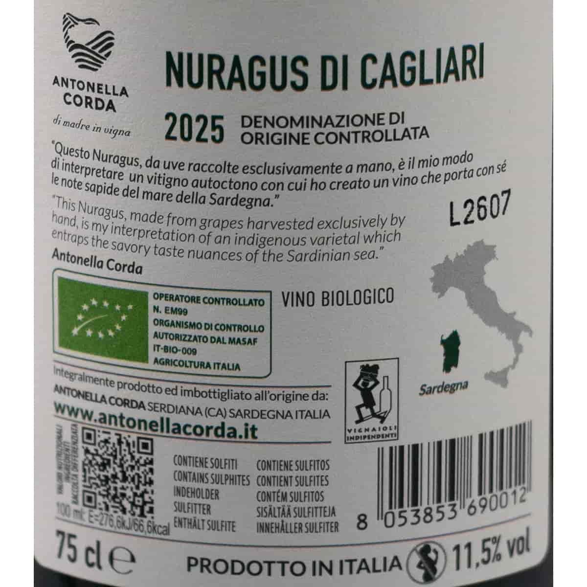 Antonella Corda Nuragus di Cagliari DOC BIO 2025 – 3×0,75 l – Sardischer Bio Weißwein – Trocken, mineralisch & elegant – Premium Wein aus Italien