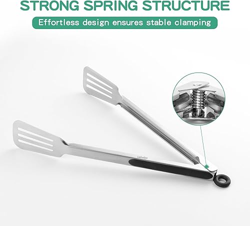 Miniatura 5 de Pinzas de metal para cocinar, juego de 2 pinzas de espátula de acero inoxidable para asar a la parrilla, cocinar y voltear, agarre fuerte para