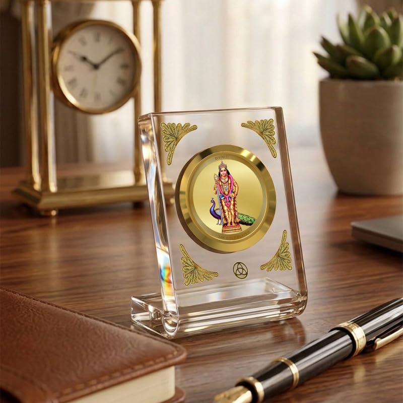 Image of DIVINITI 24K Gold Plated Lord Murugan Acrylic Frame for Car Dashboard, Home Temple & Office Table | Premium Spiritual Gift, Blessings for Protection & Positivity, 8x7 cm Decorative Showpiece