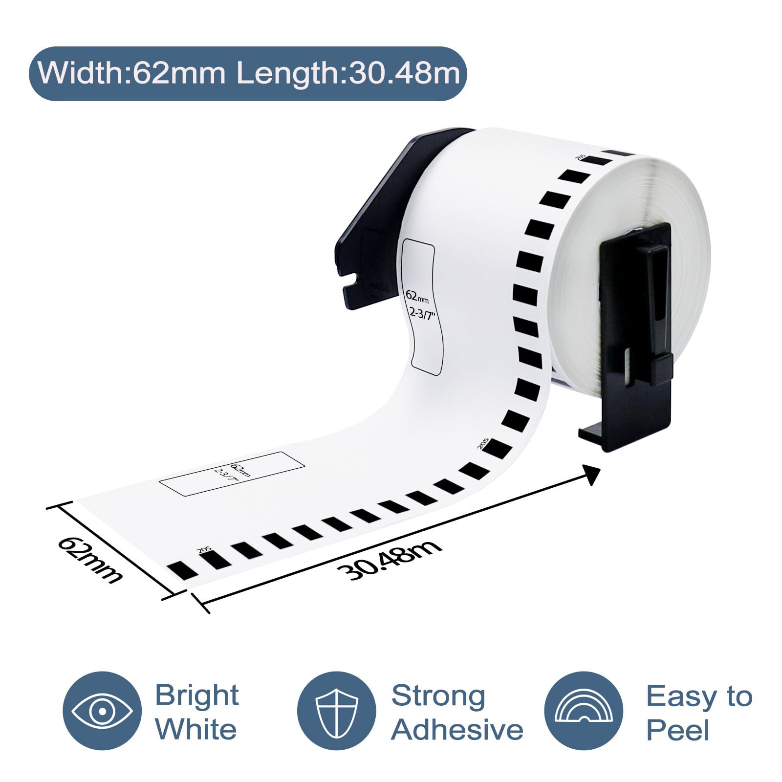 Compatibile per stampanti di etichette Brother DK-22205 – 62 mm x 30,48 m etichette in carta continua, nero su bianco, per QL-500, QL-700, QL-710W, QL-800, QL-810W, QL-820NWB, QL-1050