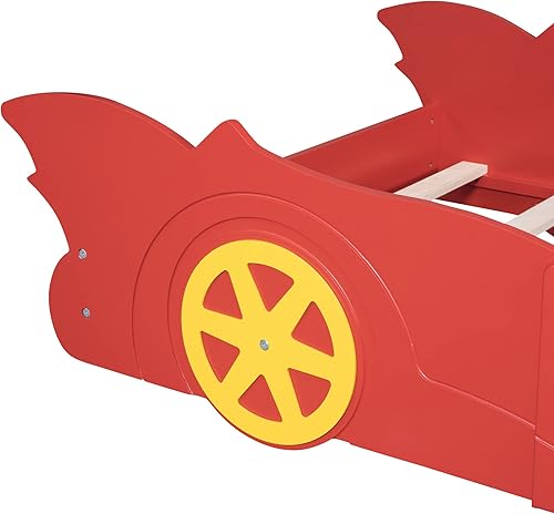 Miniatura 7 de SOFTSEA Cama de plataforma en forma de auto de tamaño individual, cama de auto de carreras con ruedas para niños y niñas, marco de cama de piso para