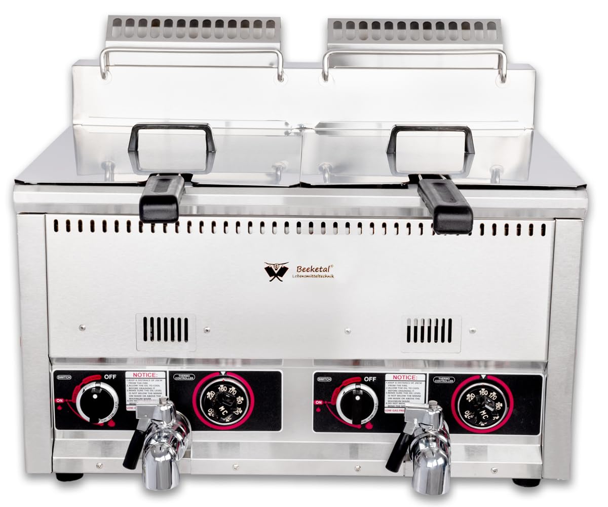 Beeketal Profi Gasfritteuse BGF-13P – Edelstahl Gastro Doppel-Fritteuse 2x 22L (Öl 2x 15L), 7,4 kW LPG Propan/Butan Stand-/Tischgerät mit Kaltzone und Ablaufhahn, inkl. 2 Körbe & Schaumlöffel