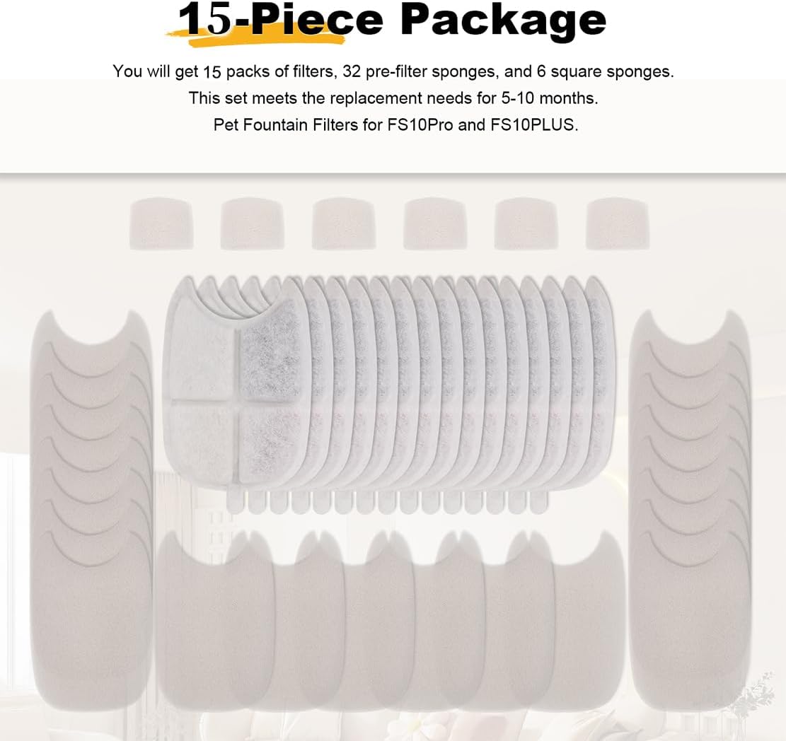 15 Pack Cat Water Fountain Filters for FS10 Plus/FS10PRO Cat/Dog Pet Drinking Fountain for 138 fl oz/4L with 32 Pack Pre-Filter Sponges & 6 Pump Filter