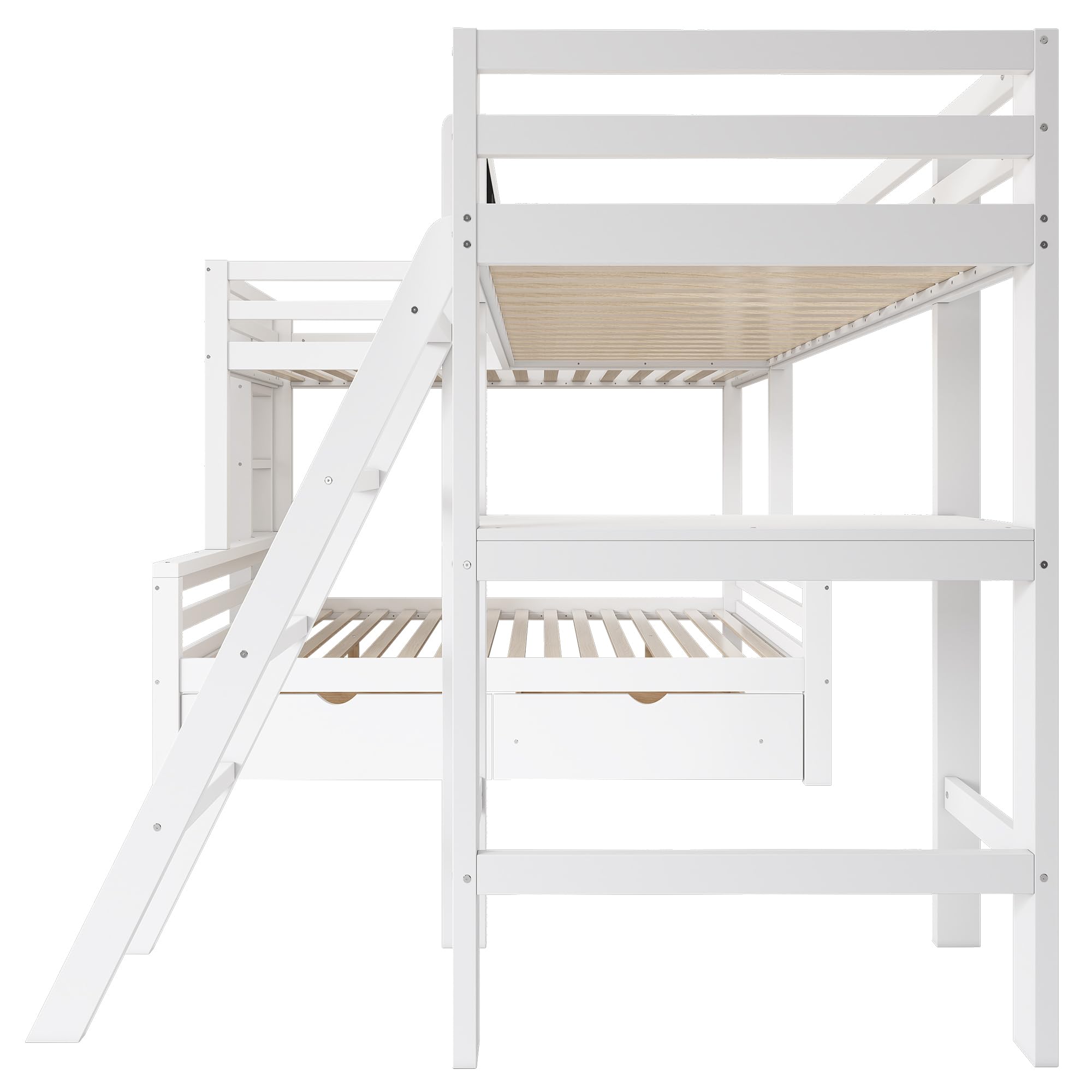 Letto a soppalco a 3 posti letto, scrivania, scaffale, letto a castello per 3 bambini con cassetti e scale, in legno di pino, 140 x 200 cm + 90 x 200 cm, colori: bianco e rovere