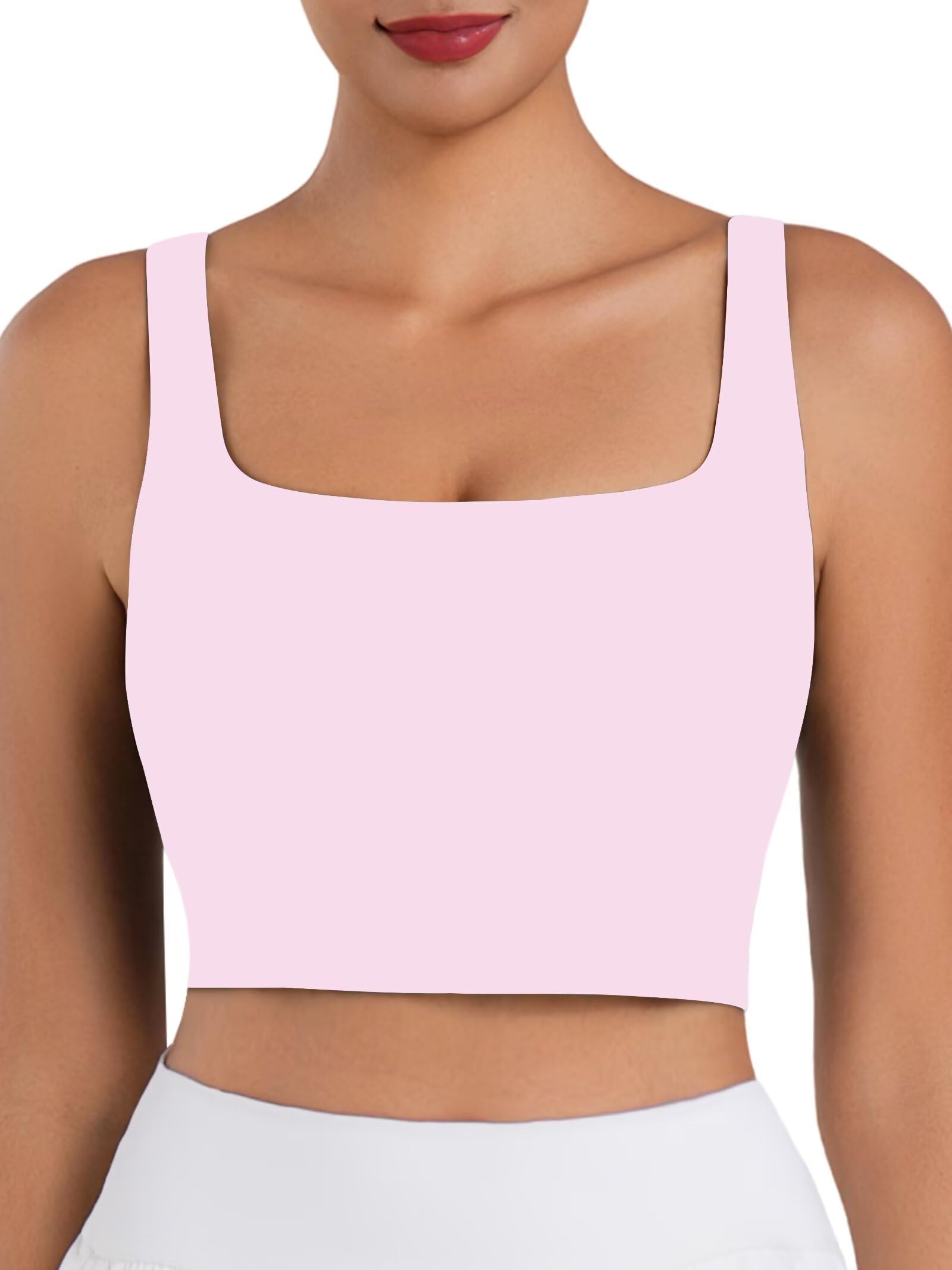 Sunzfly - Brasier deportivo de cuello cuadrado para mujer con almohadillas extraíbles, brasier integrado, camiseta sin mangas para verano, entrenamiento, yoga
