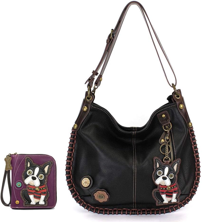 CHALA Large Convertible Shoulder Crossbody Bag Style with Chala Zip Wallet Combo (Black_Boston Terrier Combo)