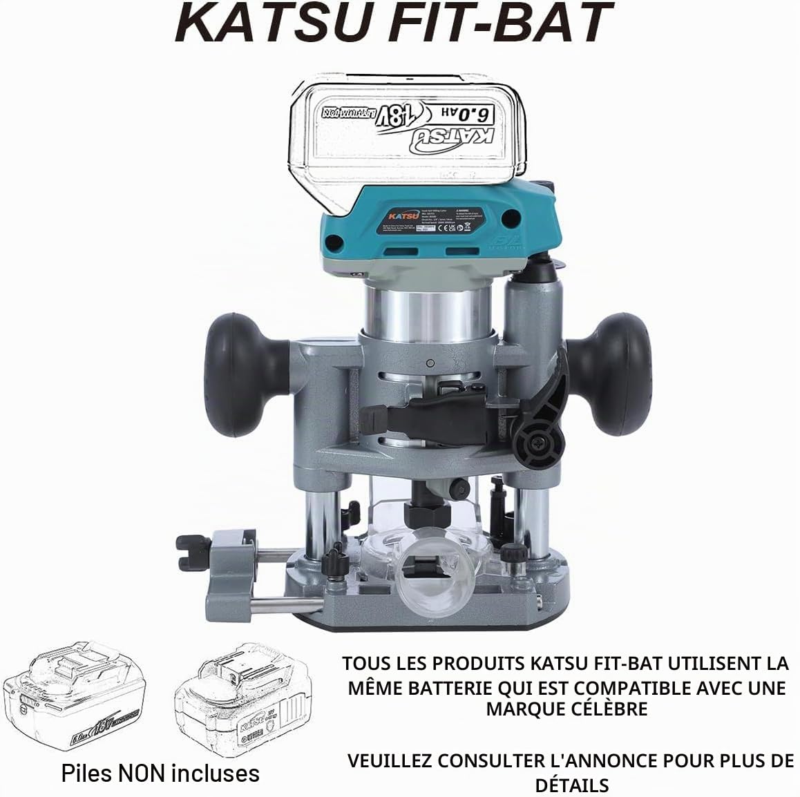 KATSU FIT-BAT 18V Brushless Défonceuse sans Fil Affleureuse à Bois Plastifieuse Routeur Menuisiers Outil avec 3 Pinces à Mandrin, Plunge Base et Accessoires de Menuiserie, sans Batterie