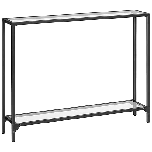 HOOBRO 39.4" Black Console Table, Tempered Glass Sofa Table, Narrow Couch Modern Entryway Table, Metal Frame, for Living Room, Hallway BK04XG01
