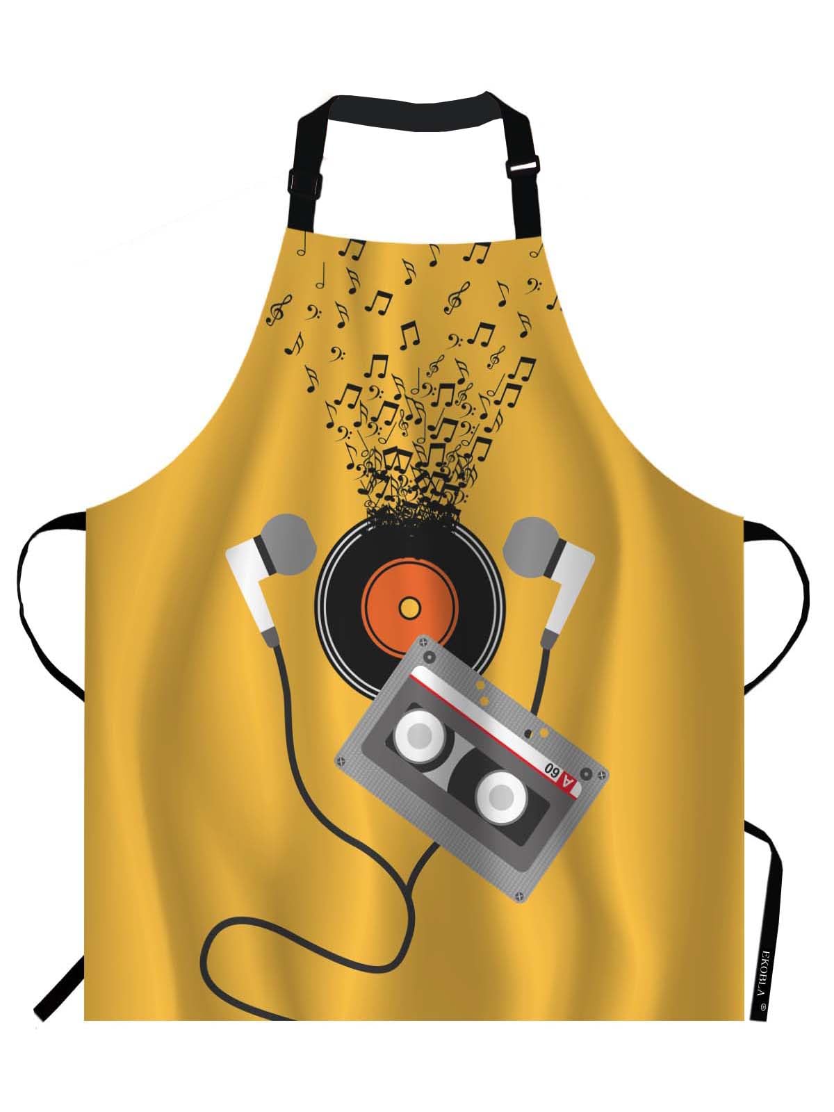 EKOBLA Cassette Aprons Abstract Art Music Concept Design Melody Notes Player Earphone Waterproof Resistant Chef Cooking Kitchen BBQ Adjustable Aprons for Women Men 27x31 Inch