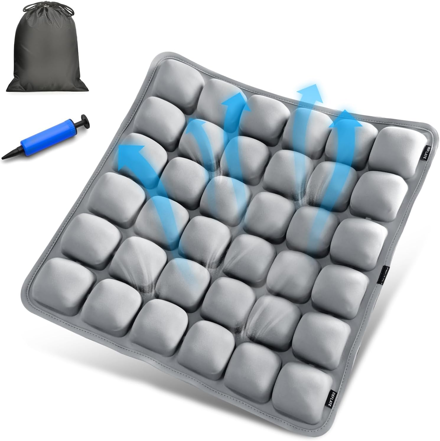 Grey Travel Seat Cushion  Portable Inflatable 3D Air Cell Seat Cushion for Long Flights, Car, Office, Wheelchair, Ergonomic Design for Tailbone Relief & Compact Support